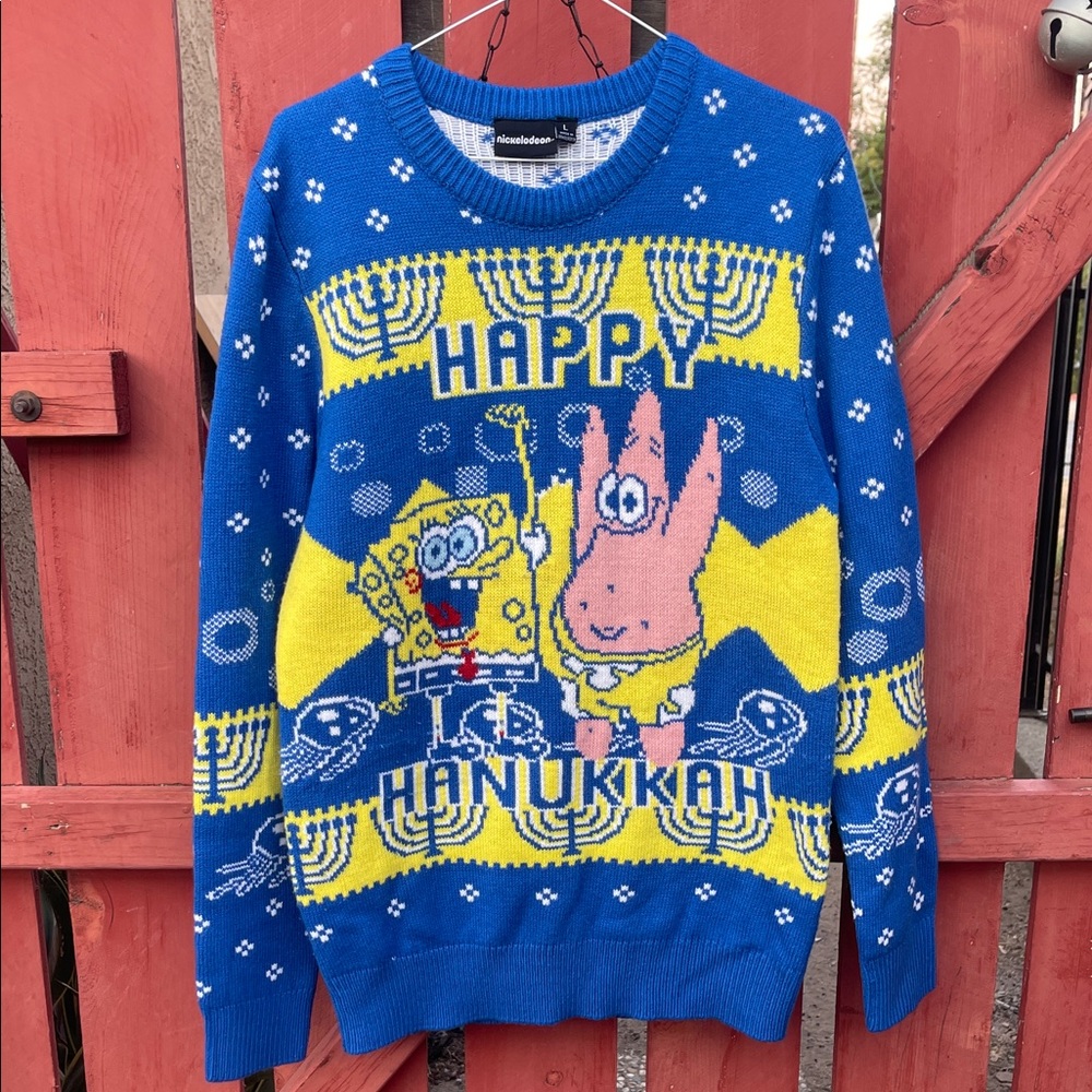 Nickelodeon Blue and Yellow SpongeBob Happy Hanukkah Sweater Sz L